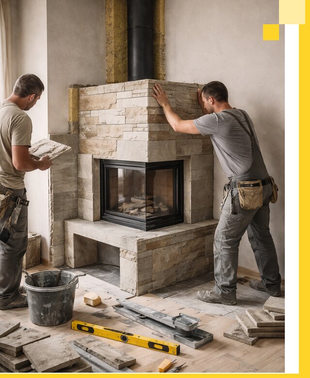 Угловые камины под ключ проект, монтаж и отделка в Кургане