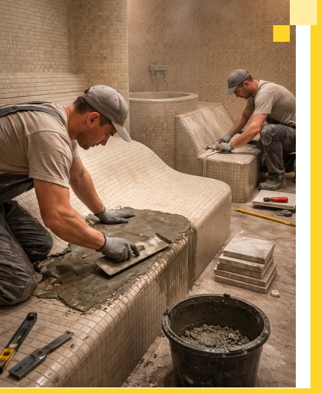 Лежаки для хамама под ключ в Кургане, проект и монтаж